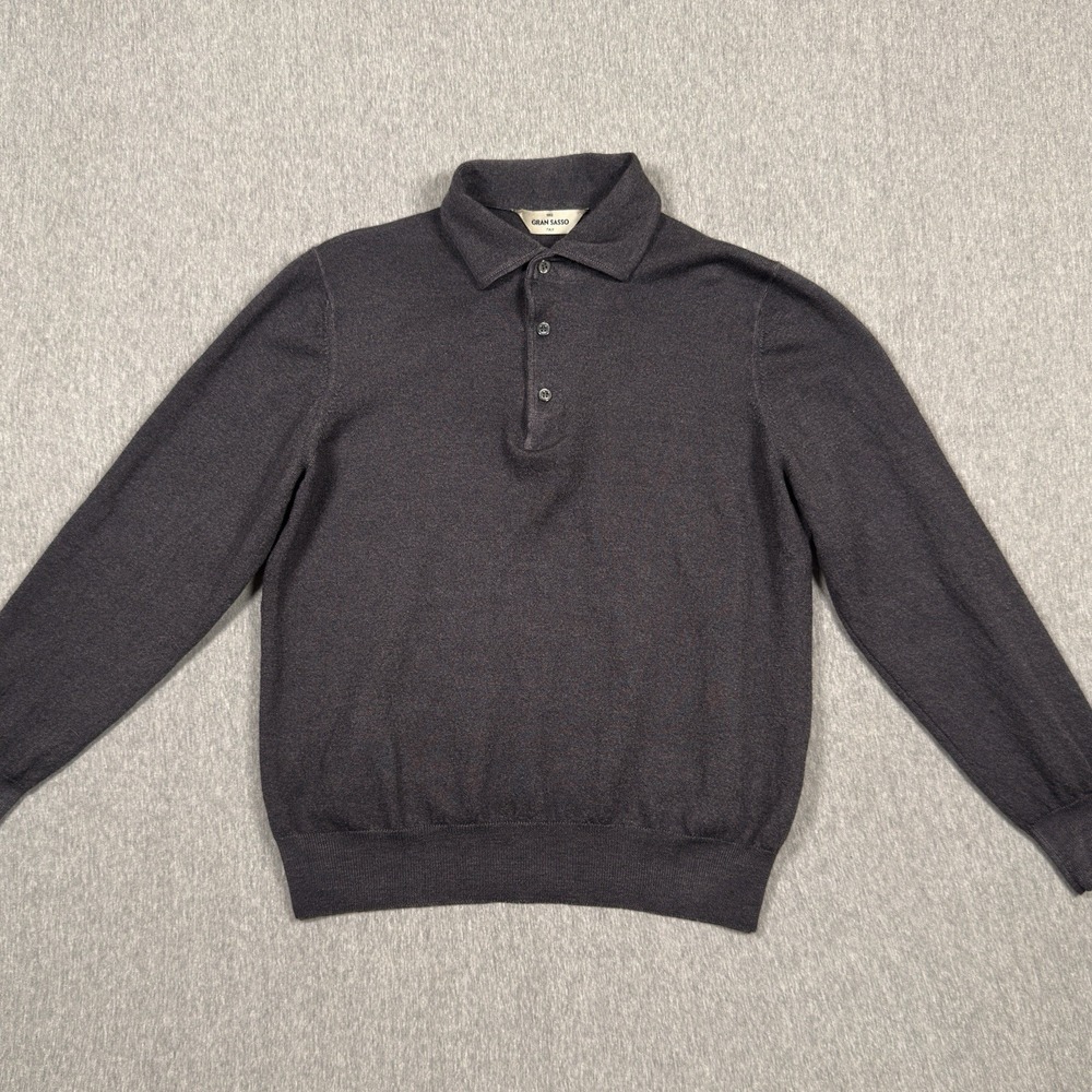 Gran Sasso Sweater Mens 52 Gray Wool Long Sleeve Polo Shirt Knit Henley Italy
